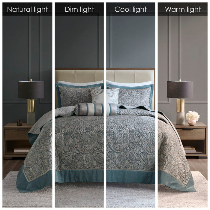 Aubrey - 5 Piece Jacquard Bedspread Set With Throw Pillows - Teal - Simple Home Plus