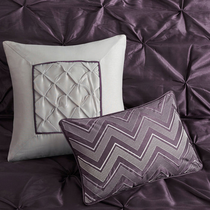 Laurel - Queen Pieced Pleated 7 Piece Tufted Comforter Set - Plum - Simple Home Plus