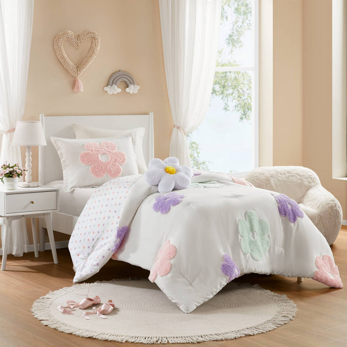 Gracie - Floral Reversible Tufted Chenille Twin Comforter Set With Flower Throw Pillow - White / Purple - Simple Home Plus