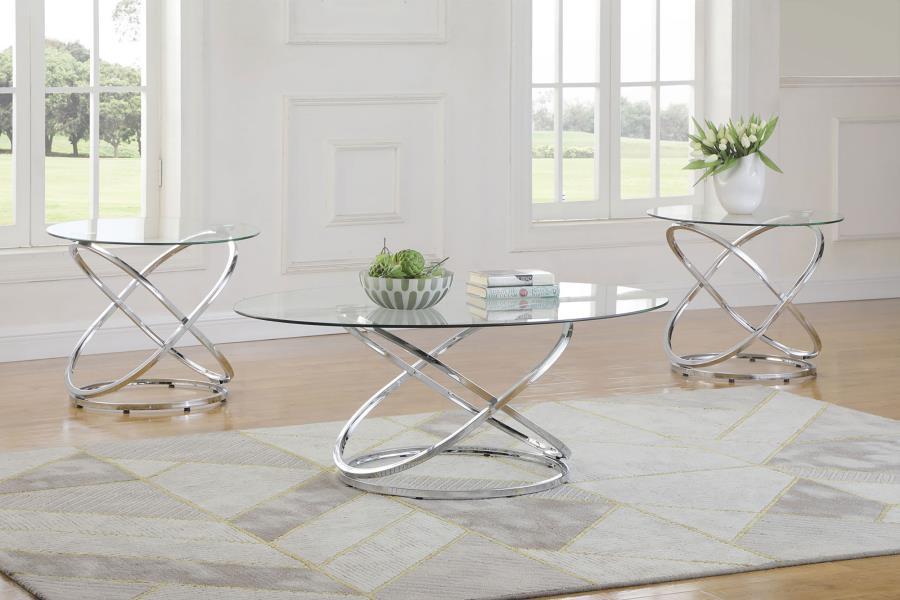 Warren - 3 Piece Oval Glass Top Coffee Table Set - Chrome - Simple Home Plus