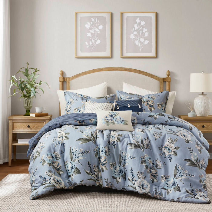 Salara - 7 Piece Queen Vintage Floral Comforter Set - Blue - Simple Home Plus