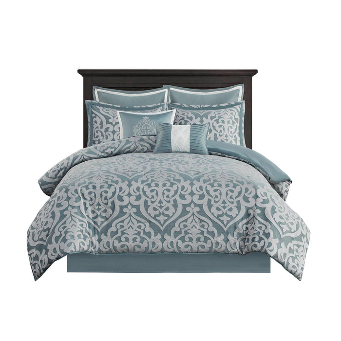Odette - 8 Piece Jacquard Comforter Set - Aqua / Silver - Simple Home Plus
