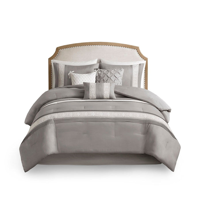 Lacey - 7 Piece King Lace Trim Comforter Set With Throw Pillows - Gray - Simple Home Plus