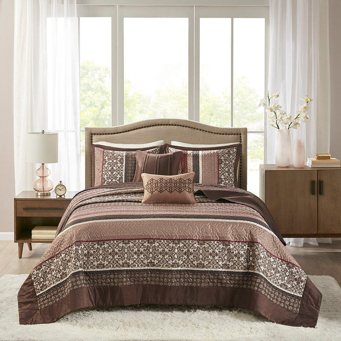 Princeton - Queen 5 Piece Reversible Bedspread Set - Red - Simple Home Plus