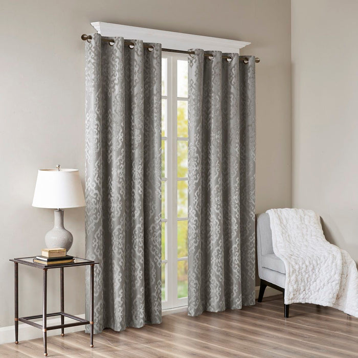 Mirage - 84" Knitted Damask Total Blackout Grommet Top Curtain Panel - Charcoal - Simple Home Plus