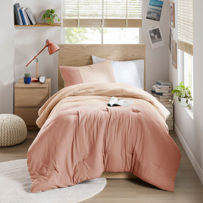 Miro - Twin/Twin Long Soft Washed Block Comforter Set - Pink - Simple Home Plus