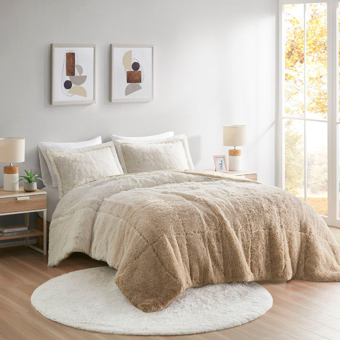 Brielle - Ombre Shaggy Long Fur Twin Comforter Mini Set - Natural - Simple Home Plus