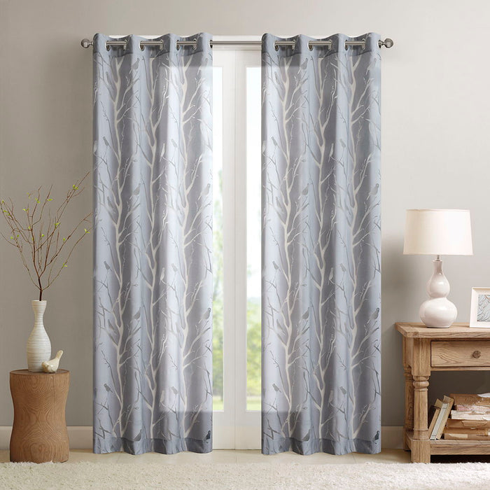 Averil - 63" Grommet Top Sheer Bird On Branches Burnout Window Curtain - Gray - Simple Home Plus