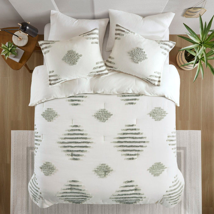 Tahli - 3 Piece Cotton Blend Chenille Comforter Set - Green / Ivory - Simple Home Plus