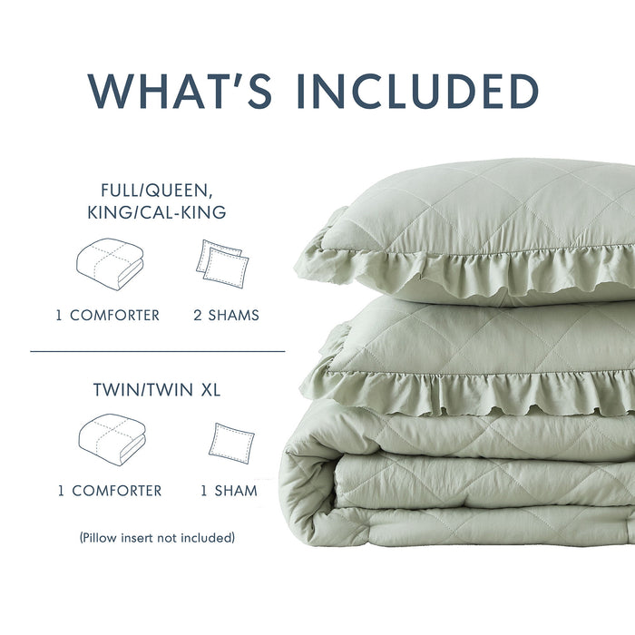 Phoebe - Twin/Twin Long Diamond Quilted Ruffle Edge Comforter Set - Sage - Simple Home Plus