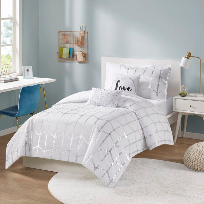 Raina - Twin Metallic Printed Comforter Set - White / Silver - Simple Home Plus