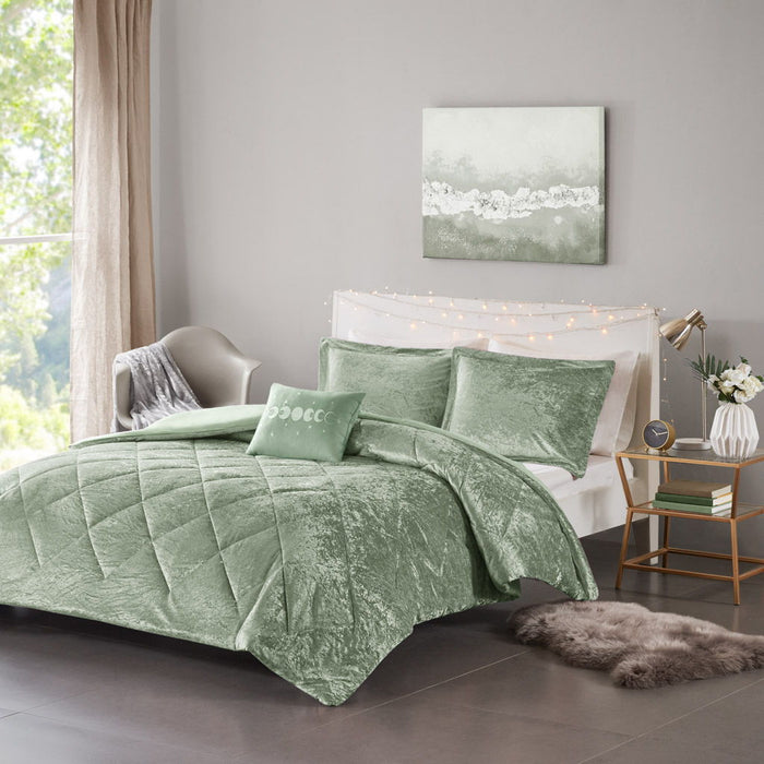 Felicia - Velvet Twin Duvet Cover Set With Throw Pillow - Green - Simple Home Plus