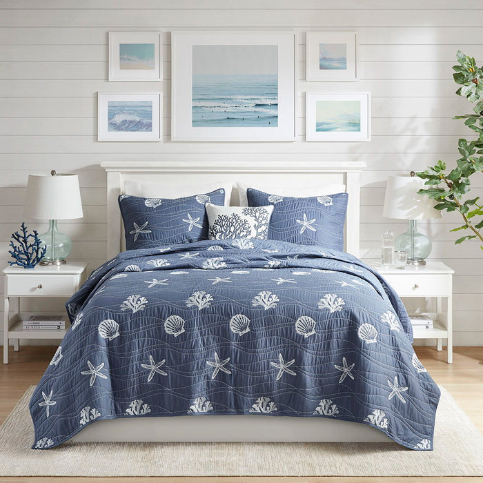 Seaside - 4 Piece Full Cotton Reversible Embroidered Quilt Set With Throw Pillow - Navy