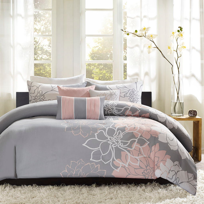 Lola - 6 Piece Printed Duvet Cover Set - Gray / Blush - Simple Home Plus