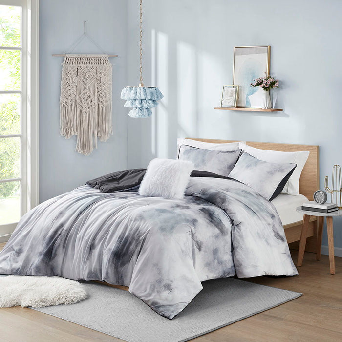 Cassiopeia - Watercolor Tie Dye Printed Twin Comforter Set With Throw Pillow - Charcoal - Simple Home Plus
