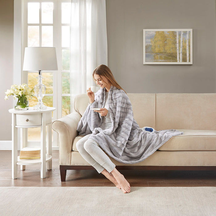 Heated Duke - Faux Fur Heated Throw - Gray - Simple Home Plus