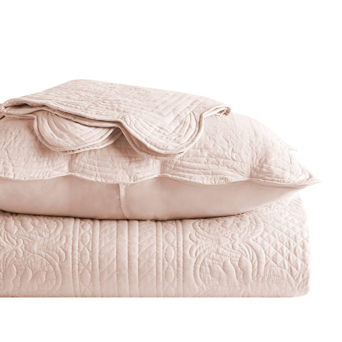 Tuscany - 3 Piece Reversible Scalloped Edge Coverlet Set - Blush - Simple Home Plus