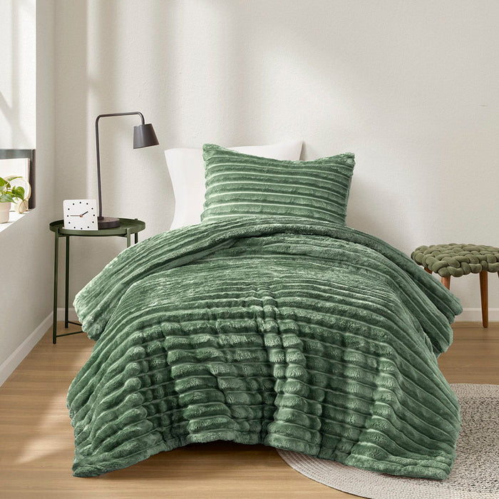 Avril - Twin/Twin Long Fluffy Ribbed Plush Comforter Set - Green - Simple Home Plus