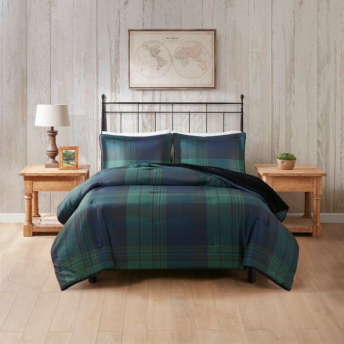 Bernston - Faux Wool to Faux Fur Down Alternative Comforter Set - Green Plaid - Simple Home Plus
