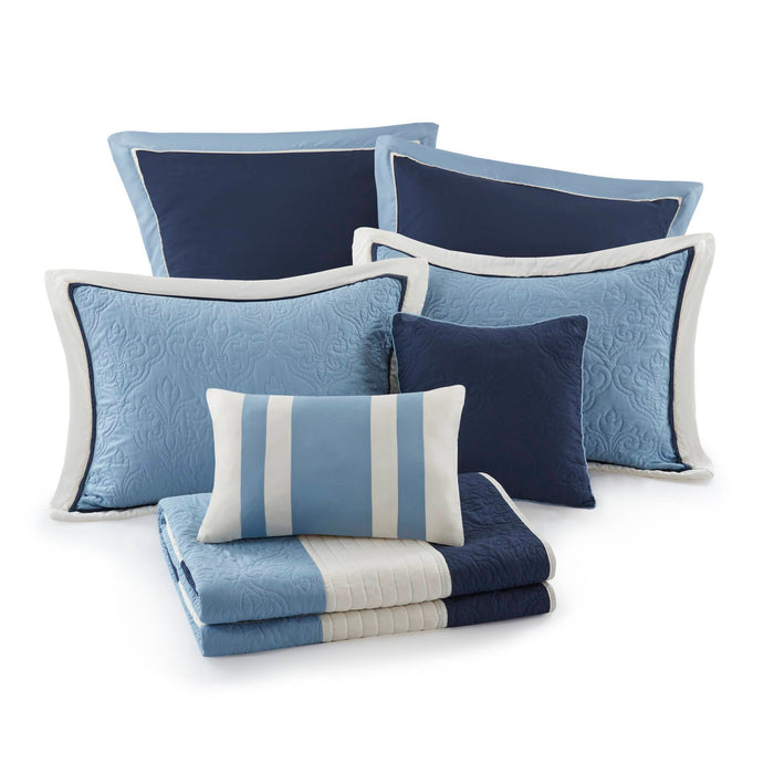 Attingham - King/California King 7 Piece Quilt Set With Euro Shams And Throw Pillows - Navy - Simple Home Plus