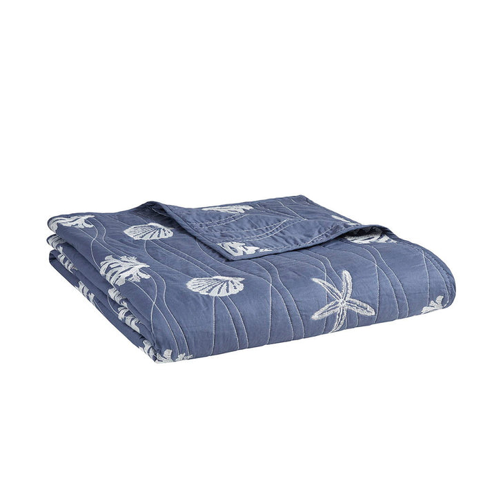 Seaside - 4 Piece Full Cotton Reversible Embroidered Quilt Set With Throw Pillow - Navy