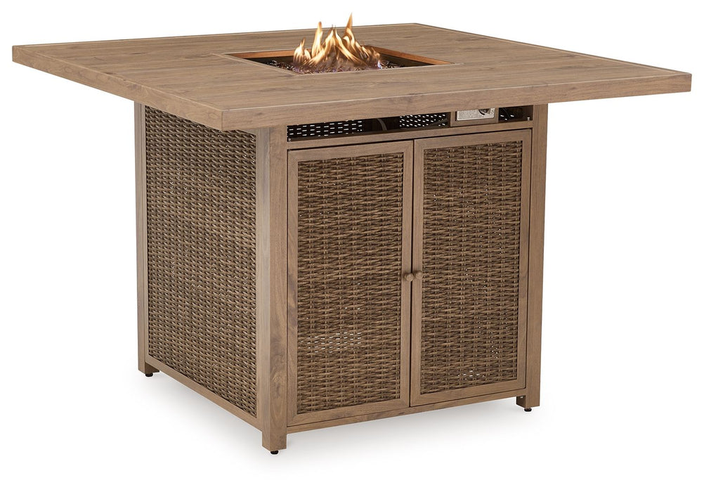 Walton Bridge - 5 Pc. - Square Bar Table W/Fire Pit, 4 Barstools - Driftwood - Simple Home Plus