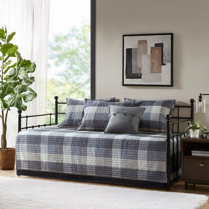 Ridge - 6 Piece Reversible Plaid Daybed Cover Set - Gray - Simple Home Plus
