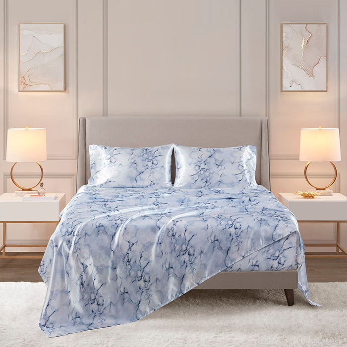 Printed Satin - King Sheet Set - Blue Marble - Simple Home Plus