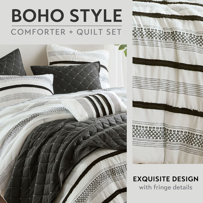 Carolina - 7 Piece Full/Queen Stripe Comforter And Quilt Set - Black - Simple Home Plus