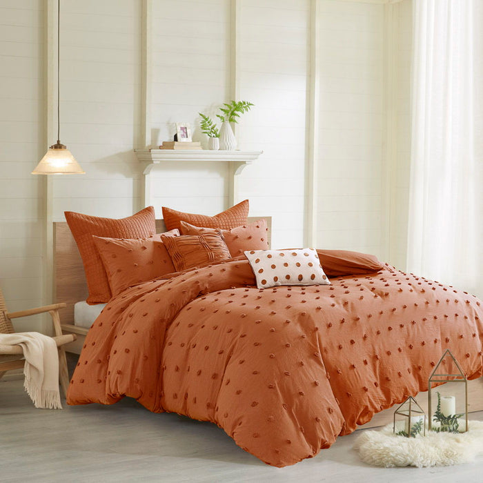 Brooklyn - Cotton Jacquard Queen Duvet Cover Set With Euro Shams and Throw Pillows - Rust - Simple Home Plus