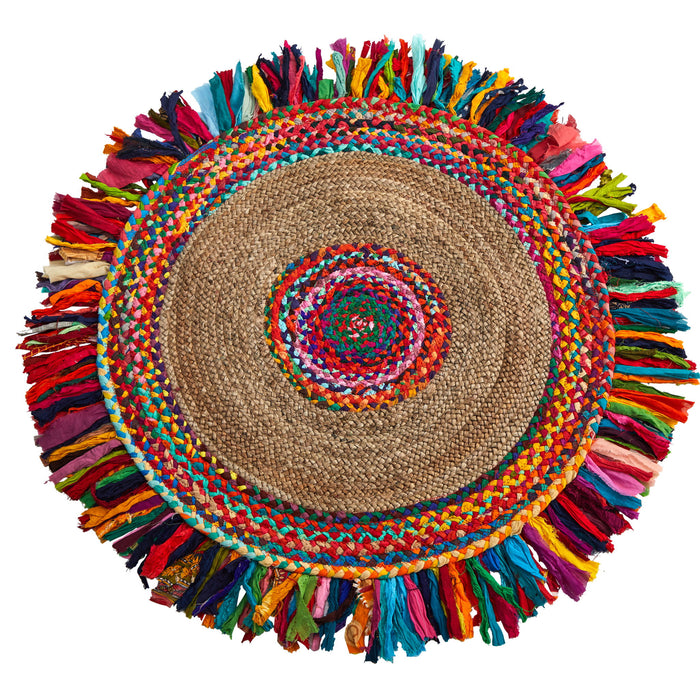 3' x 3' Handmade Woven Chindi Jute Rug with Colorful Fringe