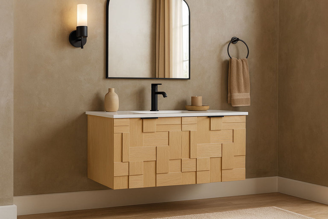 Leonardo - Engineered Stone And Solid Wood 24" Wall Mounted Bathroom Vanity - Simple Home Plus