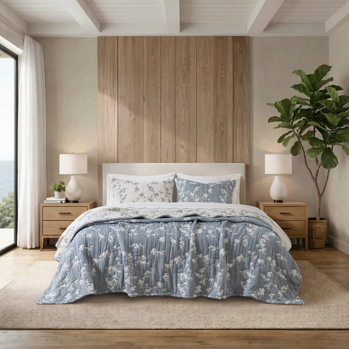 Catalina Botanical - 3 Piece King Jacquard Gauze Quilt Set - Navy
