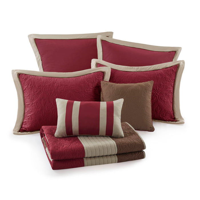 Attingham - Full/Queen 7 Piece Quilt Set With Euro Shams And Throw Pillows - Red - Simple Home Plus