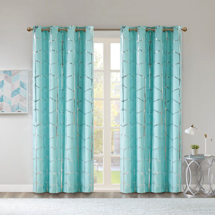 Raina - 84" Total Blackout Metallic Print Grommet Top Curtain Panel - Aqua / Silver - Simple Home Plus