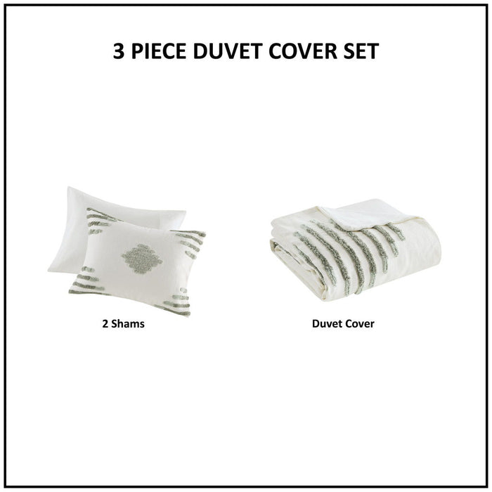 Tahli - 3 Piece Cotton Blend Chenille Duvet Cover Set - Green - Simple Home Plus