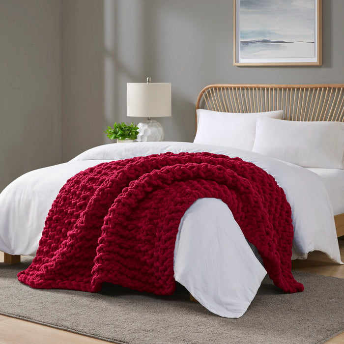 Chenille Chunky Knit - Throw - Red - Simple Home Plus