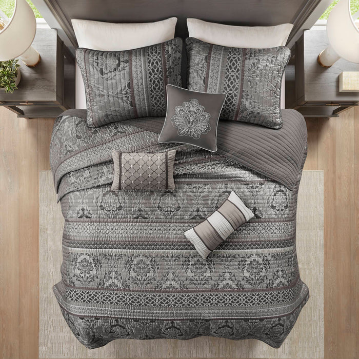 Bellagio - 6 Piece Full/Queen Quilt Set With Throw Pillows - Gray - Simple Home Plus