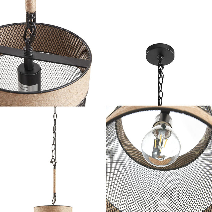 Orion - Natural Rope and Metal Mesh Cylinder Pendant - Natural / Black - Simple Home Plus