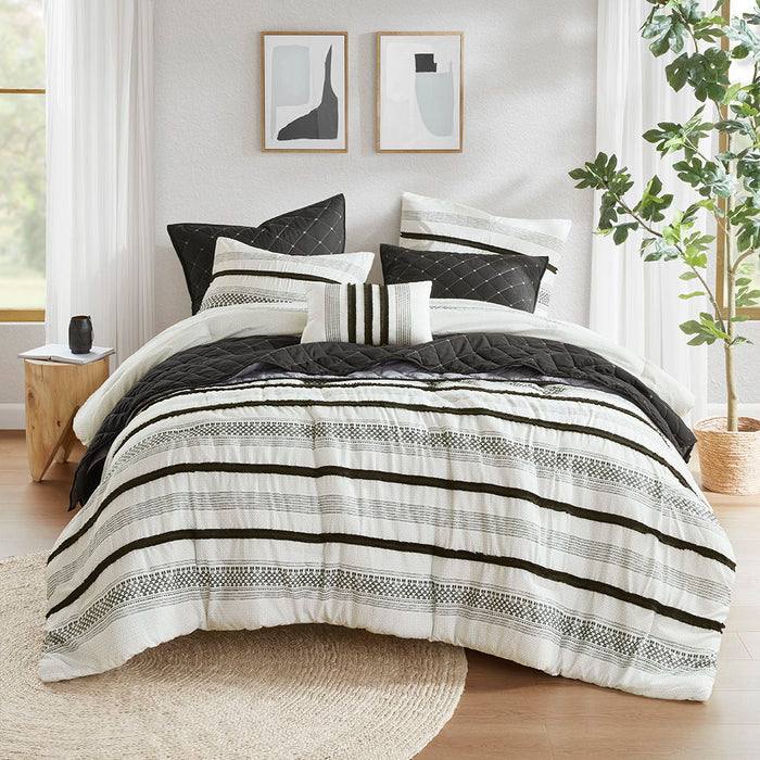 Carolina - 7 Piece Full/Queen Stripe Comforter And Quilt Set - Black - Simple Home Plus