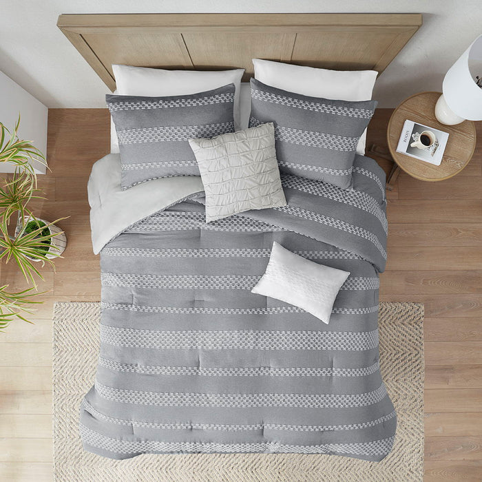 Drew - 5 Piece King Clipped Jacquard Comforter Set With Throw Pillows - Gray - Simple Home Plus