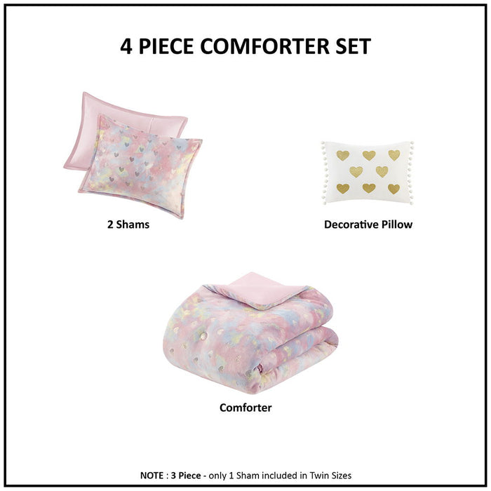 Rosalie - 4 Piece Full/Queen Metallic Printed Plush Comforter Set With Throw Pillow - Pink Multi/Gold - Simple Home Plus