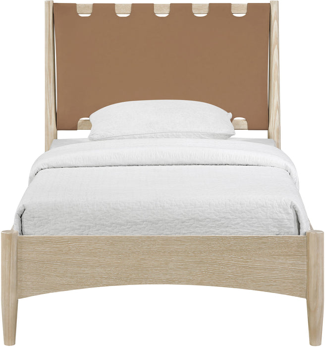 Santos - Vegan Leather Headboard And Wood Bed - Waxed Natural Frame - Simple Home Plus