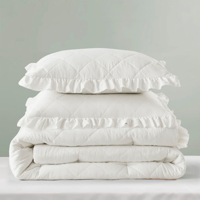 Phoebe - King/California King Diamond Quilted Ruffle Edge Comforter Set - Ivory - Simple Home Plus