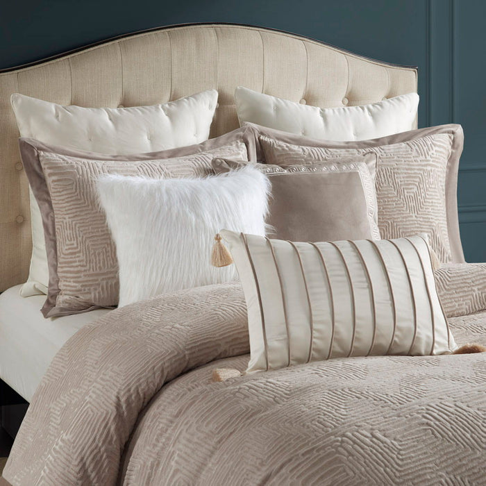 Pescal - Queen Velvet Comforter Set With Euro Shams and Throw Pillows - Beige - Simple Home Plus