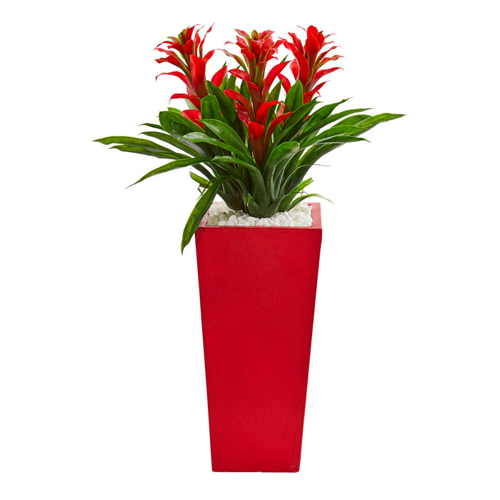 26" Triple Bromeliad Artificial Plant in Red Planter