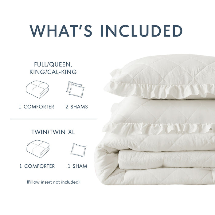 Phoebe - Full/Queen Diamond Quilted Ruffle Edge Comforter Set - Ivory - Simple Home Plus