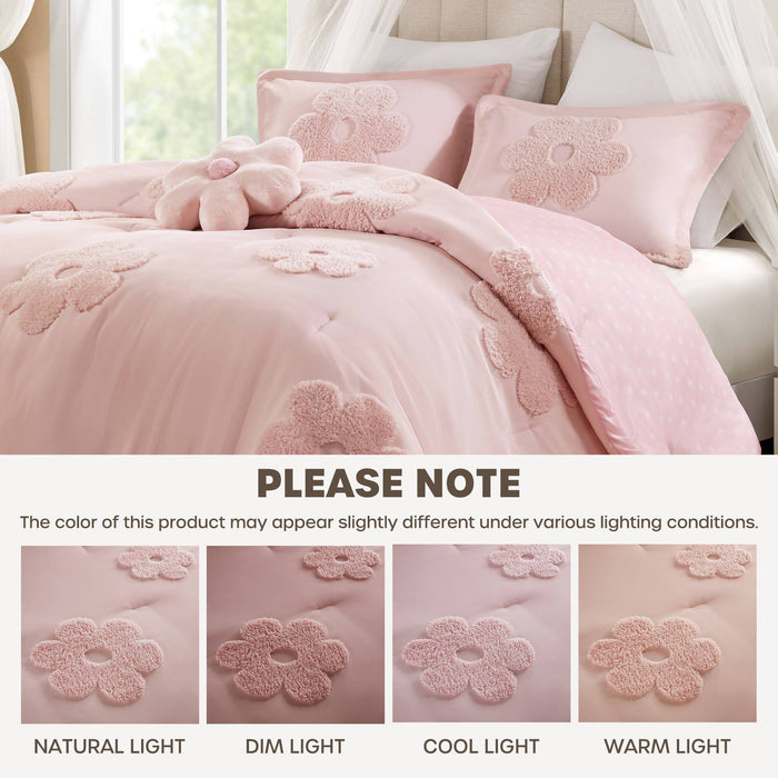 Gracie - Full/Queen Floral Reversible Comforter Set With Flower Throw Pillow - Pink - Simple Home Plus