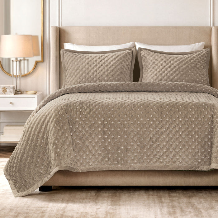 Charleston - 3 Piece Queen Velvet Coverlet Mini Set - Taupe