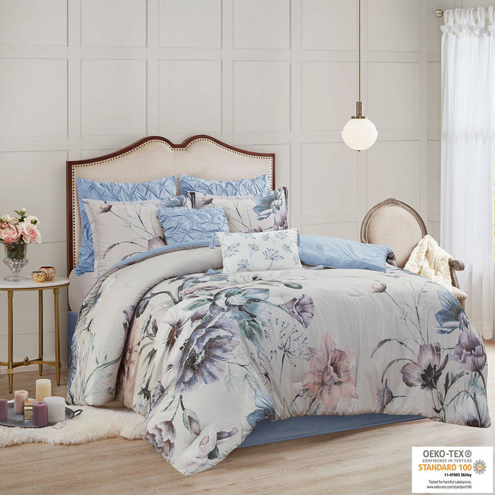 Cassandra - King 8 Piece Printed Comforter Set - Blue - Simple Home Plus